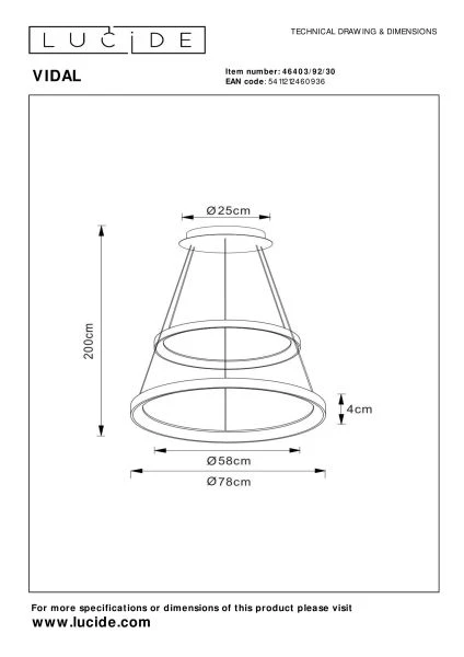 Lucide VIDAL - Pendant light - Ø 78 cm - LED Dim. - 1x92W 2700K - Black - technical